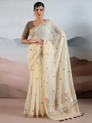 Tasrika Printed Chanderi Cotton Blend Saree(Beige)