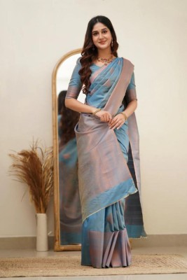 Upalksh Embroidered, Self Design, Woven, Printed, Temple Border, Striped Kanjivaram Jacquard, Art Silk Saree(Light Blue)