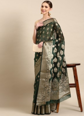 Divastri Woven Kanjivaram Organza Saree(Dark Green)