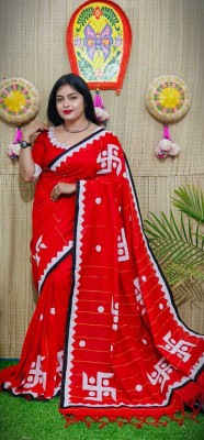 ANJALI TEXTILES Applique Handloom Cotton Blend Saree(Red)