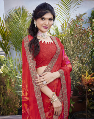 YASHIKA Printed Bollywood Georgette, Lace Saree(Red)
