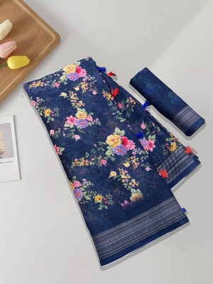 SJY Floral Print Bollywood Linen Saree(Pack of 2, Blue)