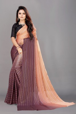 For And Ever Applique, Checkered, Embellished, Ombre, Paisley, Solid/Plain, Striped, Woven Jamdani Georgette, Chiffon Saree(Orange)