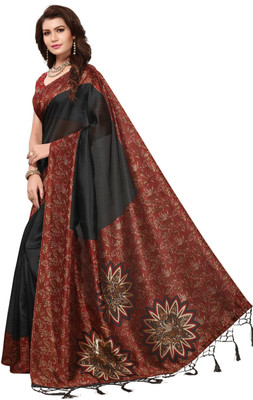 Suali Geometric Print Kalamkari Art Silk Saree(Black)