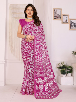Anand Sarees Floral Print Saree with Attached Blouse Georgette, Lace Saree(Pink)