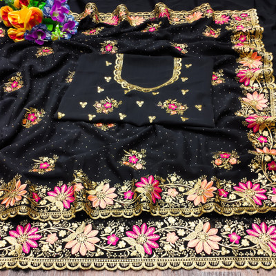 KHRITI FAB Embroidered, Floral Print Bollywood Georgette Saree(Black)
