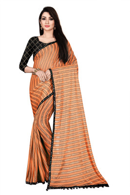 HouseOfCommon Self Design, Striped Bollywood Lycra Blend Saree(Orange)