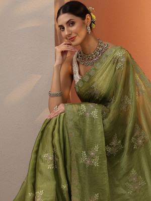 LIBAS Embroidered Daily Wear Organza Saree(Green)