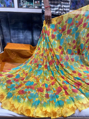 WILLMAKE Printed Bollywood Georgette Saree(Orange)