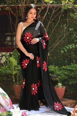 AMRUTA FAB Floral Print Handloom Pure Cotton Saree(Black)