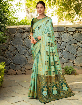 Mahastree Woven, Printed Paithani Silk Blend Saree(Multicolor)