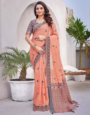 Samah Dyed, Woven Jamdani Cotton Silk, Jacquard Saree(Orange, Grey)