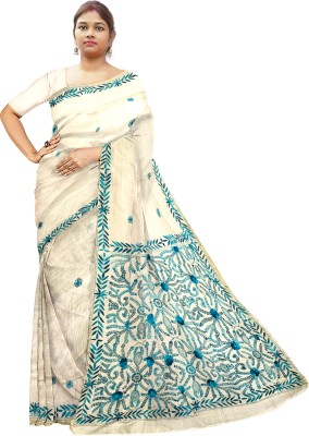 SHRISTI CLOTHINGS Embroidered Kantha Tussar Silk Saree(Cream, Light Blue)