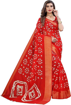 HouseOfCommon Digital Print Bandhani Cotton Blend Saree(Red)