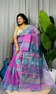 Revival Woven Jamdani Cotton Blend Saree(Pink, Light Blue)