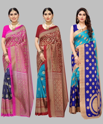 Priyashi Printed Bollywood Art Silk Saree(Pack of 3, Dark Blue)
