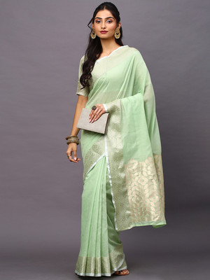 Divastri Floral Print Tant Linen Saree(Green)