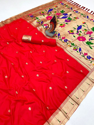 Divastri Woven Paithani Cotton Silk Saree(Red)