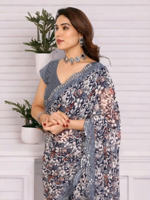 AMBUJAINTERNATIONAL Printed Bollywood Georgette Saree(Grey)