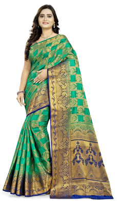 Arriva Fab Printed Banarasi Jacquard Saree(Green)