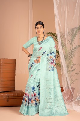 WISHLIST Digital Print Bollywood Cotton Blend Saree(Blue)