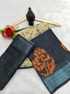 PRTRENDZ Paisley Kanjivaram Pure Cotton, Cotton Linen Saree(Black, Orange)