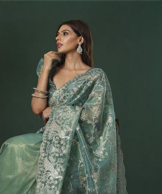 Sareemall Embroidered Bollywood Organza Saree(Blue)