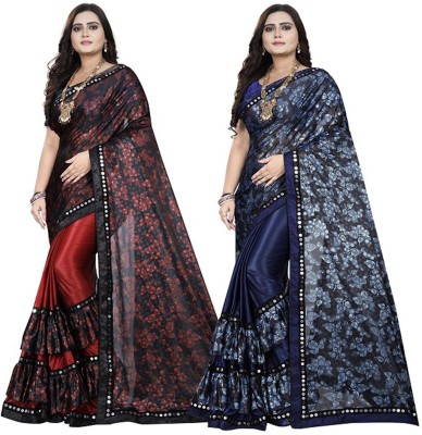 DECOFIN Embellished, Floral Print Bollywood Lycra Blend Saree(Pack of 2, Red, Blue)