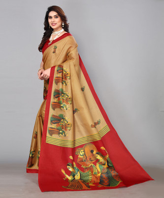 YASHIKA Printed Bollywood Silk Blend Saree(Cream, Beige)