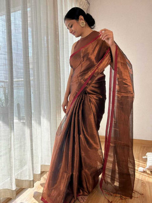 SathiBotique Woven Handloom Tissue Saree(Brown)