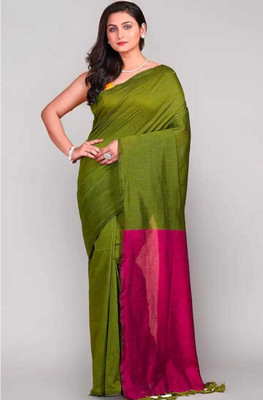 LushLooms Solid/Plain Handloom Cotton Blend Saree(Green, Pink)