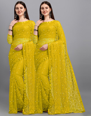 LOROFY Self Design Bollywood Net Saree(Pack of 2, Yellow)