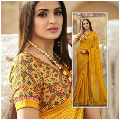 SARIK Printed, Self Design, Graphic Print, Floral Print, Checkered, Solid/Plain Bollywood Georgette, Chiffon Saree(Yellow)