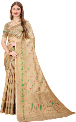 nikchi hub Printed Bollywood Cotton Silk Saree(Cream)