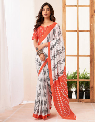 all about you Printed Handloom Pure Cotton Saree(White, Orange, Grey)