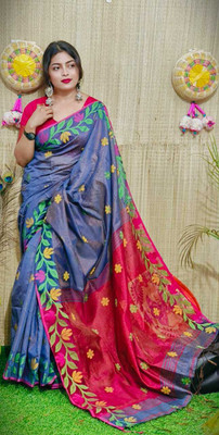 Ganesh plastic and industry Printed Tant Cotton Silk Saree(Blue)