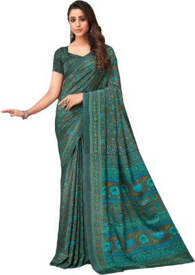 REBOOT FASHIONS Floral Print Bollywood Crepe, Silk Blend Saree(Green)