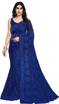 JIVI CLOTHING Solid/Plain Bollywood Net Saree(Blue)