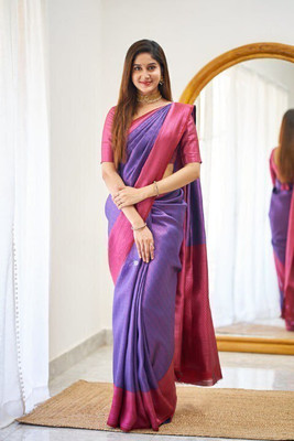 Bansari Textiles Printed, Self Design, Paisley, Woven, Embellished, Applique Kanjivaram Jacquard, Art Silk Saree(Purple)