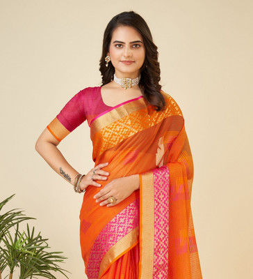 SICHYAH Woven Kota Doria Cotton Silk Saree(Orange)