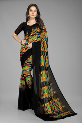 Grubstaker Printed Bollywood Georgette Saree(Black)