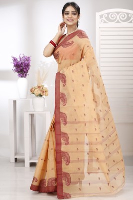 PuJoy Embellished, Self Design, Woven Tant Pure Cotton Saree(Cream)