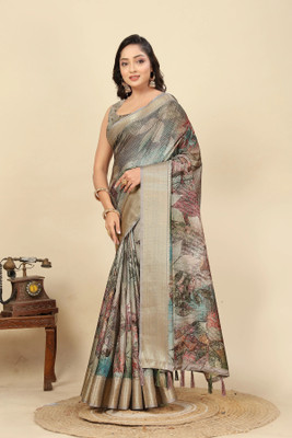 J6 Designers Self Design, Checkered, Printed Madhubani Cotton Silk Saree(Grey)