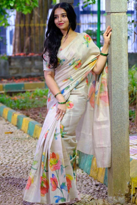 parakhiya fab Floral Print Assam Silk Chanderi, Art Silk Saree(Cream)