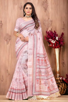 Raghav Silk Studio Digital Print, Self Design, Woven Bollywood Cotton Linen Saree(Pink)