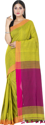 SAYAN CREATION Self Design Handloom Pure Cotton Saree(Yellow, Pink)