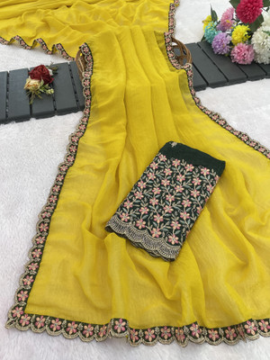 K 5 FASHION Embroidered, Floral Print, Self Design Bollywood Chiffon Saree(Yellow)