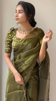 MGCollectionONE Solid/Plain, Embroidered Bollywood Chiffon Saree(Green)