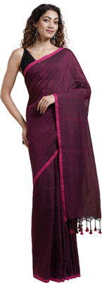 Teejh Solid/Plain Handloom Cotton Blend Saree(Purple)