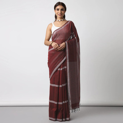 UR Affection Striped Handloom Pure Cotton Saree(Maroon)